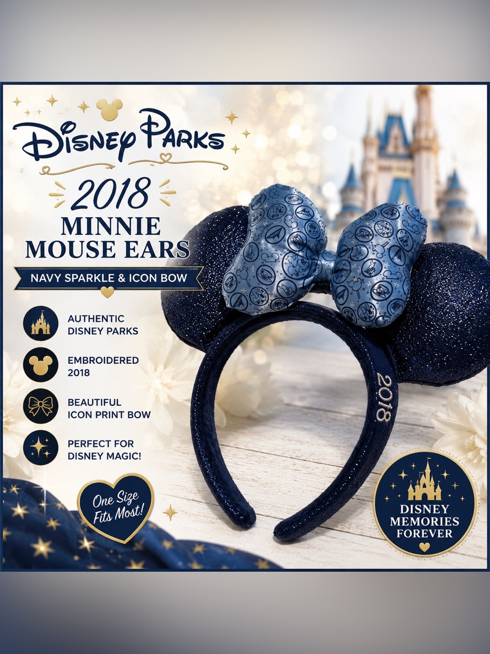 Disney Parks 2018 Navy Blue Glitter Minnie Mouse Ears Headband Blue Icon Bow